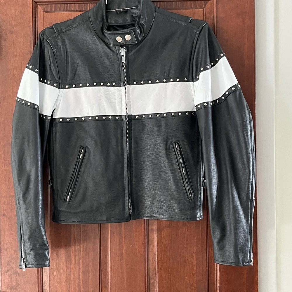 Black and White NWOT Studded Women's Heavy Motorcycle Leather Jacket